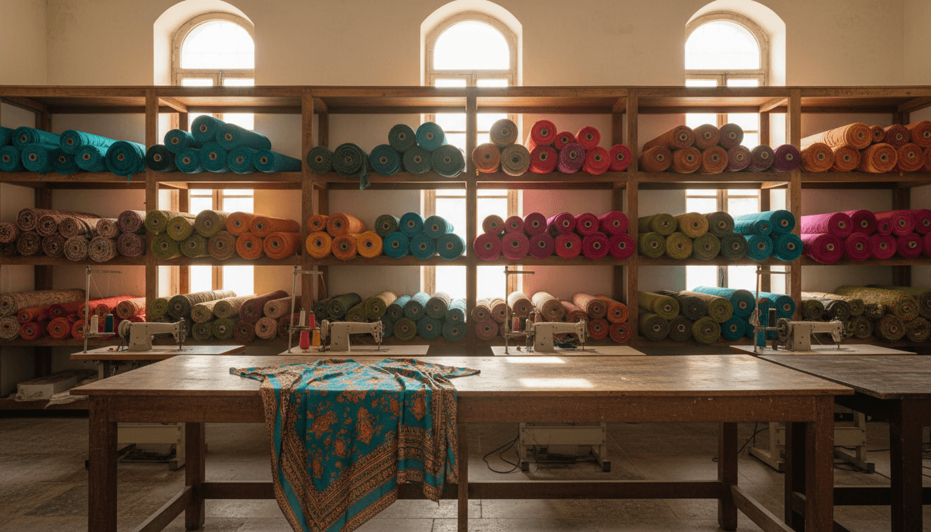 Bolts of colorful resortwear fabric stacked on shelves with a kaftan sample on a cutting table in a factory